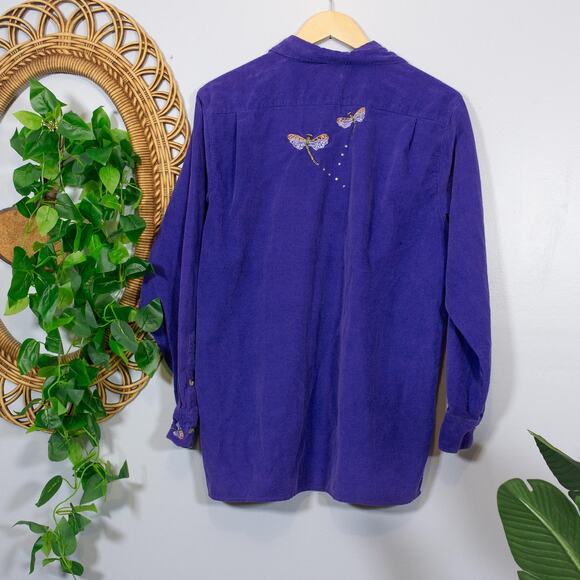 Whimsical Dragonfly Embroidered Button Down Purple Cotton Shirt | Bright Winter - Picture 2 of 9